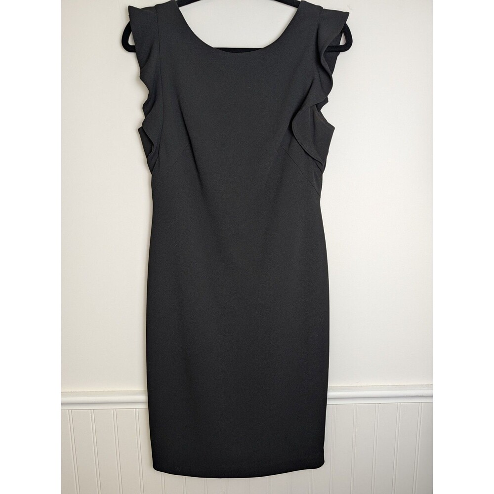 Calvin Klein Black Sheath Dress Size 8 Ruffle Cap Sleeve Scoop Neck Cocktail LBD